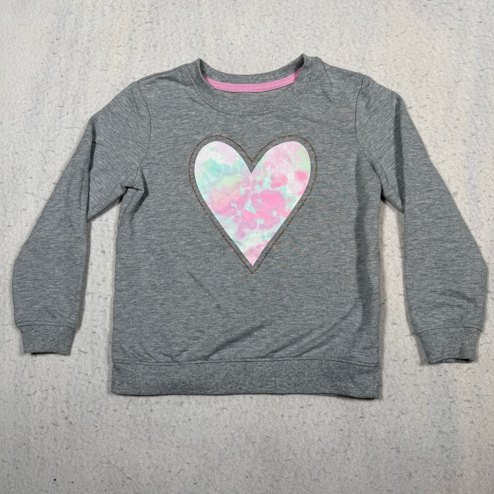 Cat & Jack Girls Heather Gray Tie Dye Heart Sweatshirt Size 5T Sparkle Pullover
